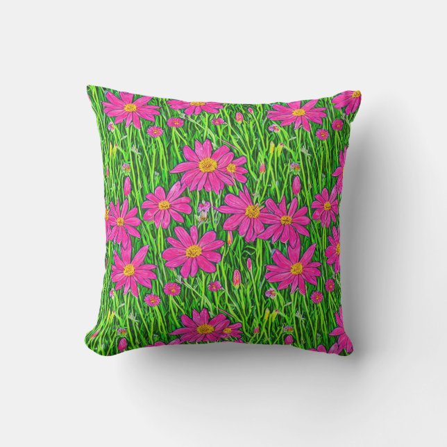 Fuchsia Pink Wildflowers in a Field    Outdoor Pillow (Front)
