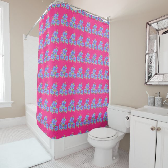 Fuchsia Pink With Blue Flowered Shower Curtain (In Situ)