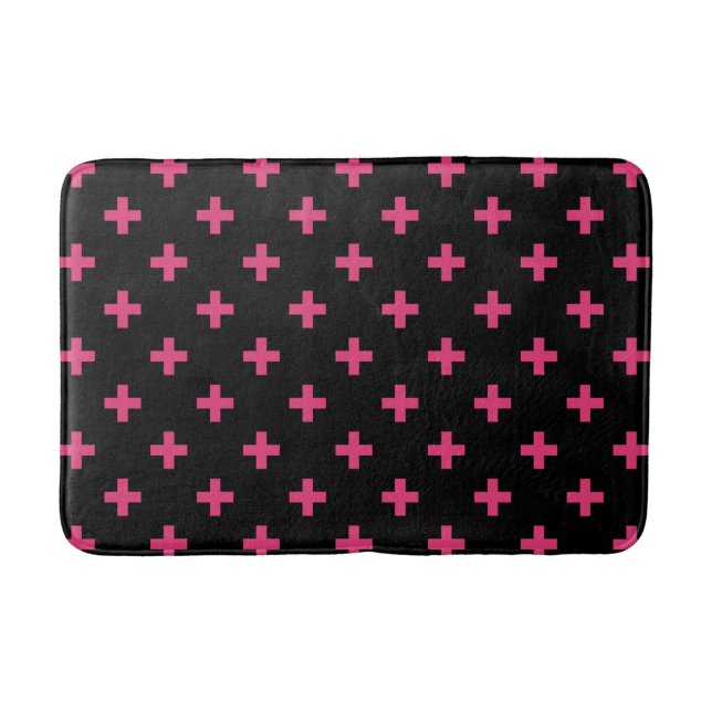 Fuchsia polka crosses on black bath mat (Front)