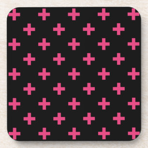 Fuchsia polka crosses on black coaster