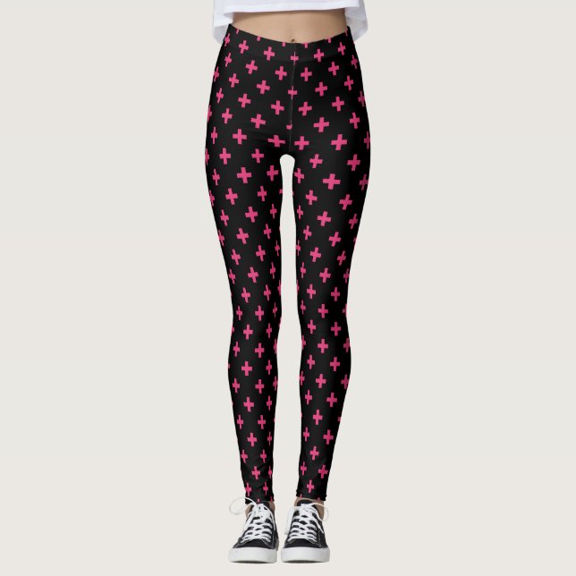 Fuchsia polka crosses on black leggings (Front)