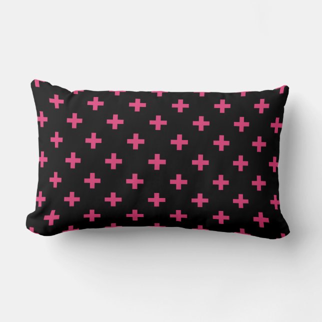 Fuchsia polka crosses on black lumbar pillow (Front)