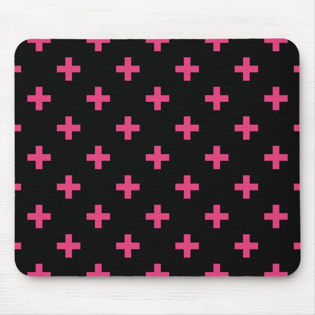 Fuchsia polka crosses on black mouse pad (Front)