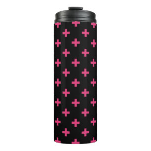 Fuchsia polka crosses on black thermal tumbler