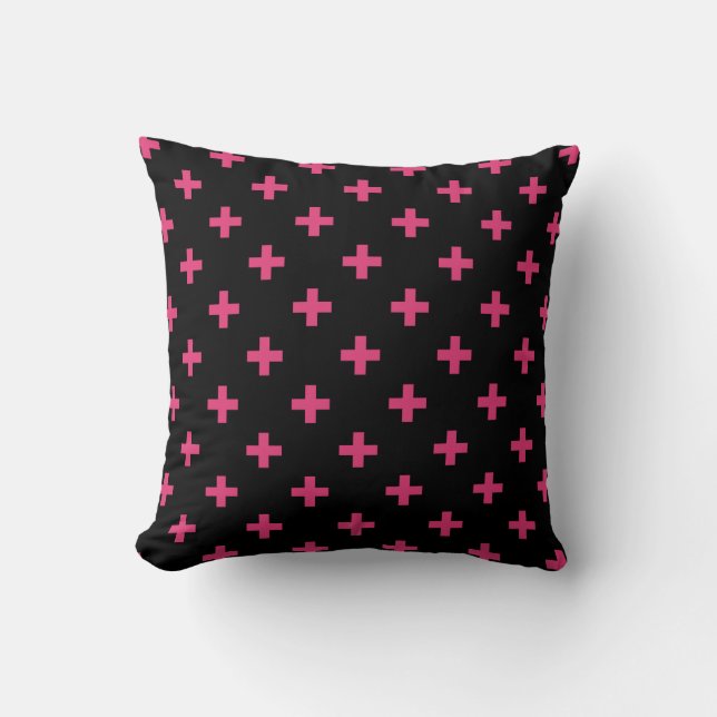 Fuchsia polka crosses on black throw pillow (Front)