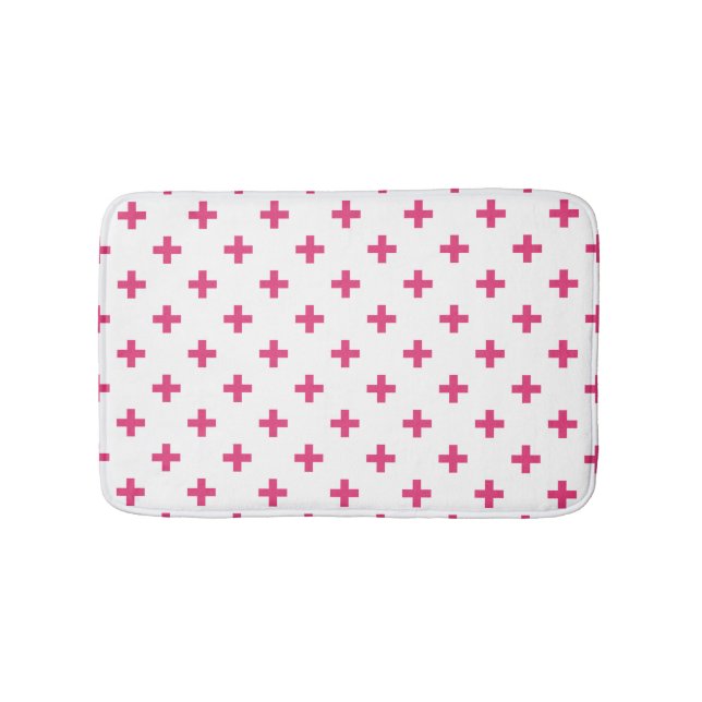 Fuchsia polka crosses on white bath mat (Front)