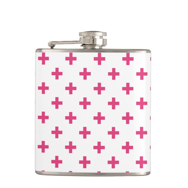 Fuchsia polka crosses on white hip flask (Front)