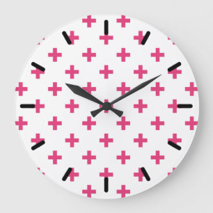 Fuchsia polka crosses on white large clock