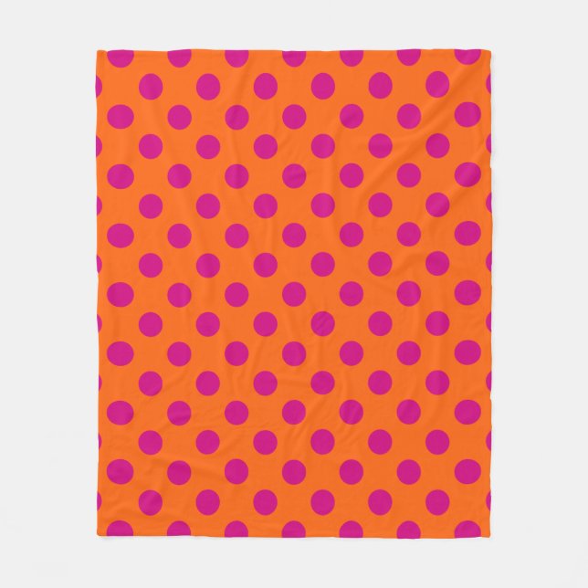 Fuchsia polka dots on orange fleece blanket (Front)