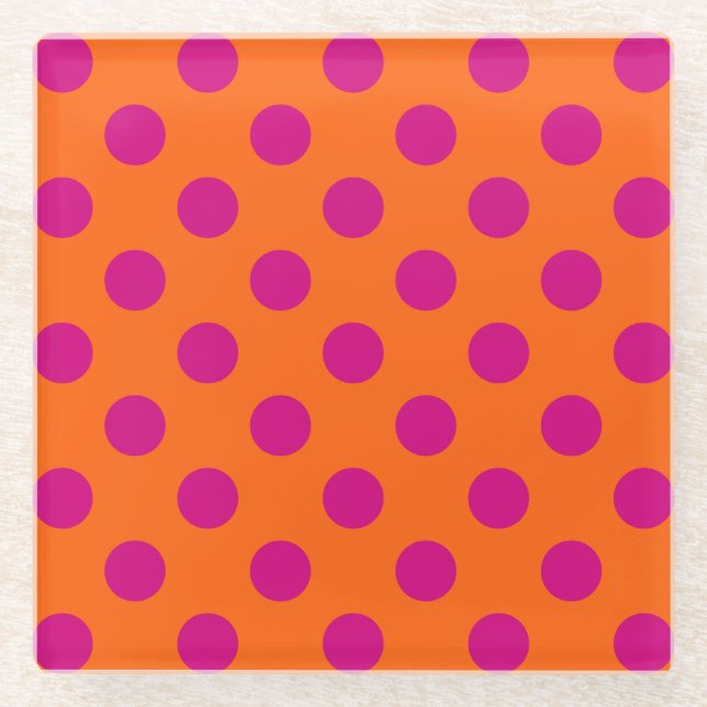 Fuchsia polka dots on orange glass coaster (Front)