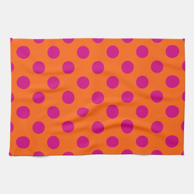 Fuchsia polka dots on orange kitchen towel (Horizontal)