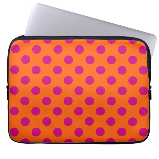 Fuchsia polka dots on orange laptop sleeve (Front)