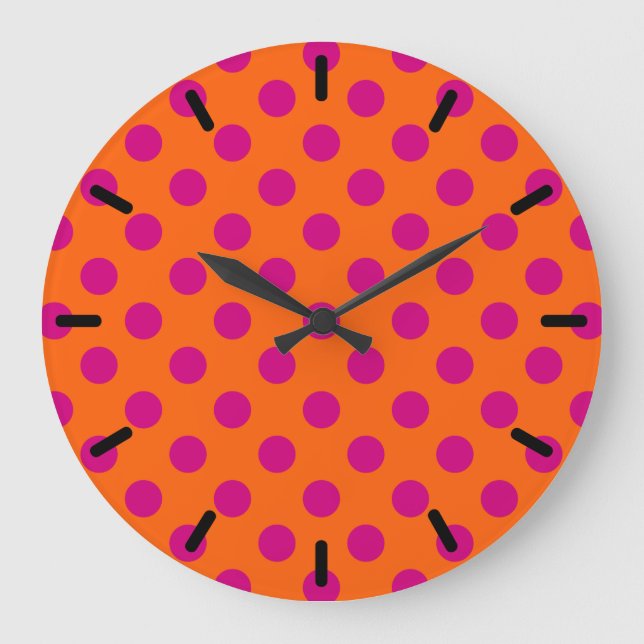 Fuchsia polka dots on orange large clock (Front)
