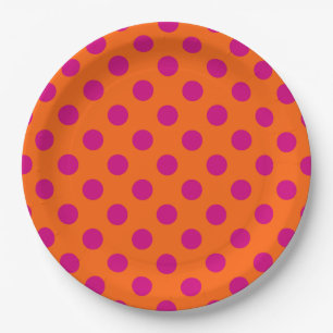 Fuchsia polka dots on orange paper plate