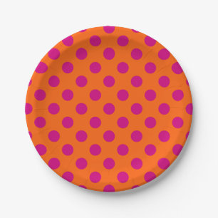 Fuchsia polka dots on orange paper plate
