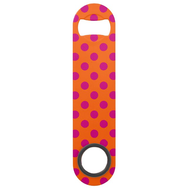 Fuchsia polka dots on orange speed bottle opener (Front)