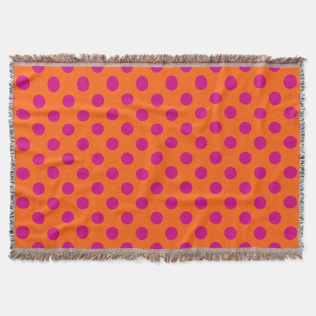 Fuchsia polka dots on orange throw blanket (Front)