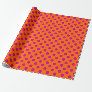 Fuchsia polka dots on orange wrapping paper