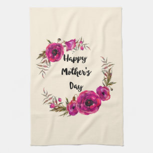 Fuchsia Poppies Floral Wreath Happy Mother's Day Kitchen Towel