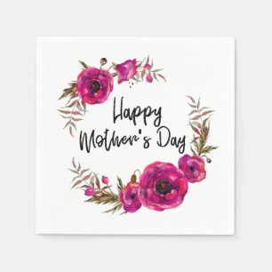 Fuchsia Poppies Floral Wreath Happy Mother's Day Napkin