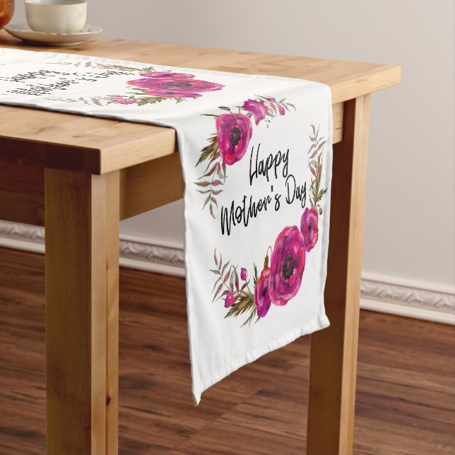Fuchsia Poppies Floral Wreath Happy Mother's Day Short Table Runner (In Situ)