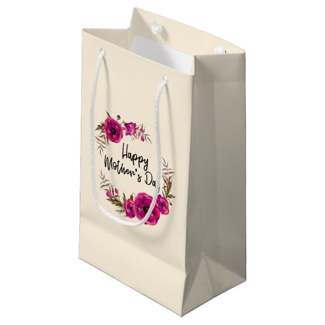 Fuchsia Poppies Floral Wreath Happy Mother's Day Small Gift Bag (Front Angled)