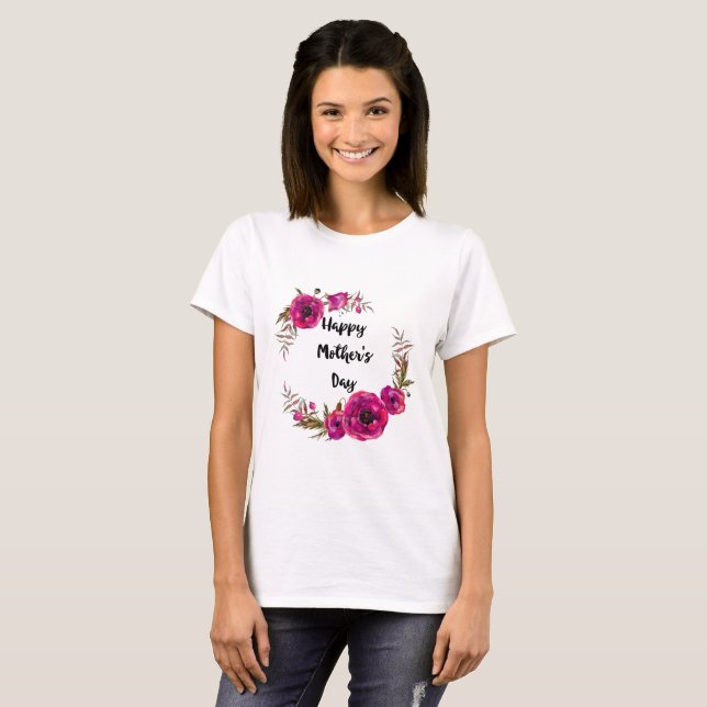 Fuchsia Poppies Floral Wreath Happy Mother's Day T-Shirt (Front Full)