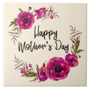 Fuchsia Poppies Floral Wreath Happy Mother's Day Tile