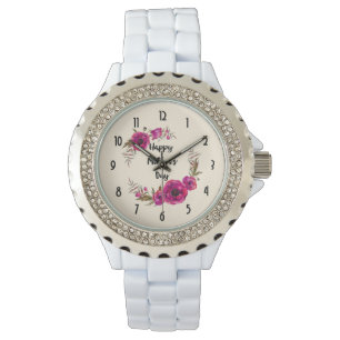 Fuchsia Poppies Floral Wreath Happy Mother's Day Watch