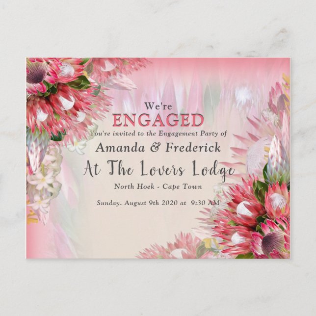Fuchsia  Protea's - Blush & Gold Ribben Engagement Invitation Postcard (Front)