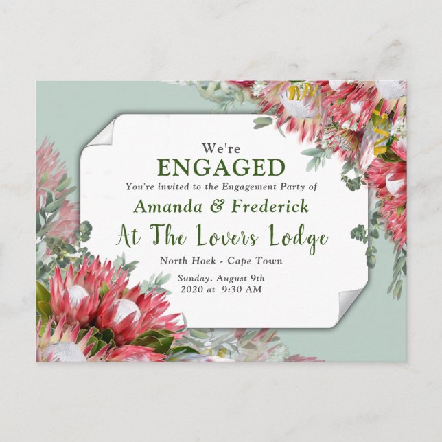 Fuchsia  Protea's - Green & Gold Ribben Engagement Invitation Postcard (Front)