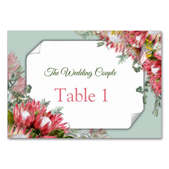 Fuchsia  Protea's - Green & Gold Table cards (Front)