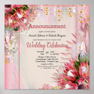 Fuchsia Protea's with Blush & Gold Announcement Poster