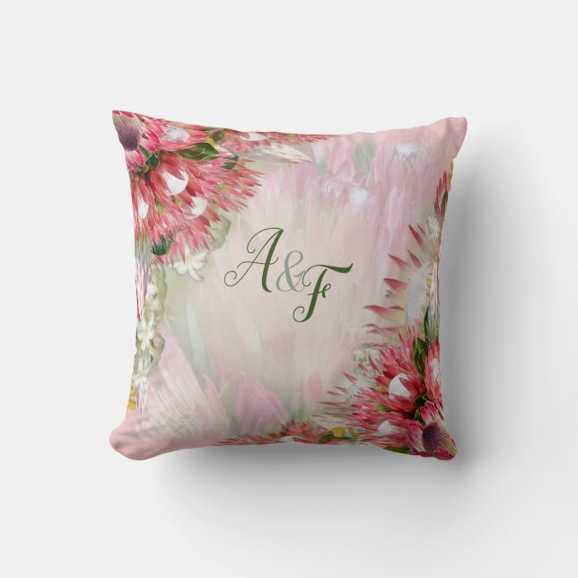 Fuchsia  Protea's with Blush & Gold  Wedding Gift Throw Pillow (Front)