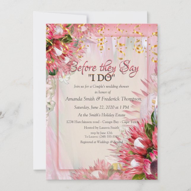 Fuchsia  Protea's with Blush & Gold Wedding Shower Invitation (Front)