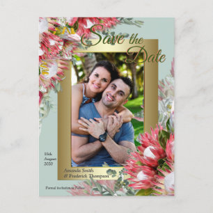 Fuchsia  Protea's with Green & Gold  Save the Date Announcement Postcard