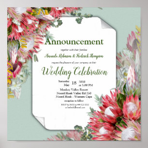 Fuchsia Protea's with Greens & Gold Announcement Poster