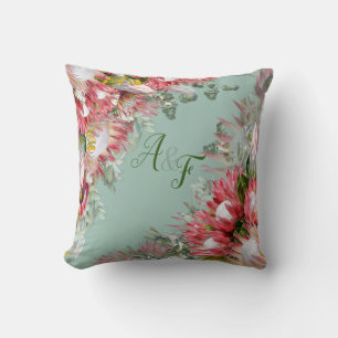 Fuchsia  Protea's with Greens & Gold  Wedding Gift Throw Pillow