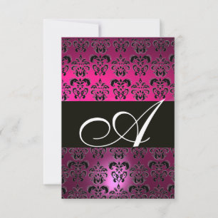 FUCHSIA PURPLE BLACK DAMASK MONOGRAM RSVP blanc