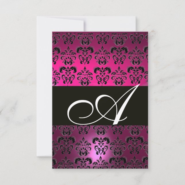 FUCHSIA PURPLE BLACK DAMASK MONOGRAM RSVP blanc (Devant)