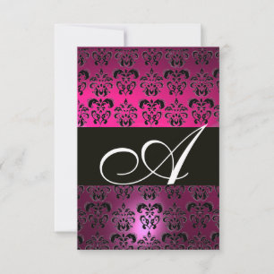 FUCHSIA  PURPLE BLACK  DAMASK MONOGRAM RSVP white Card
