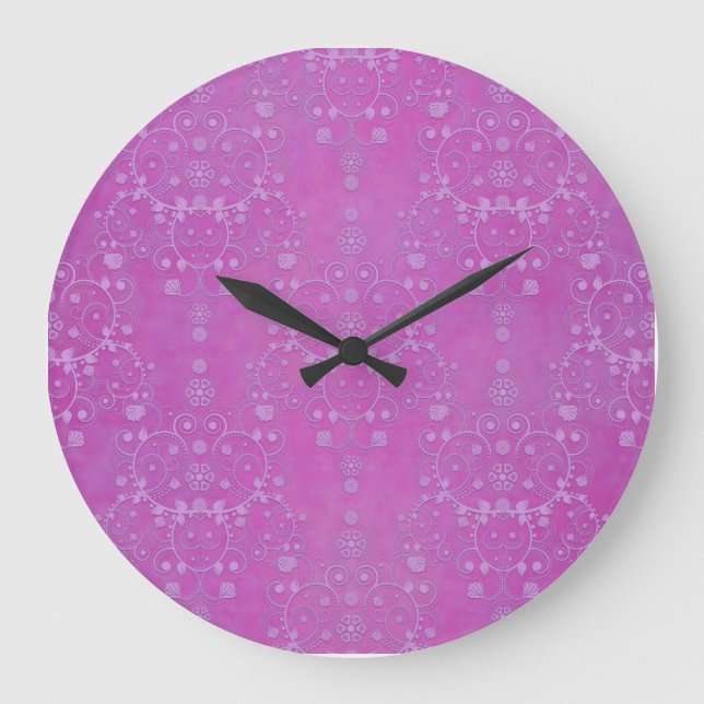 Fuchsia Purple Floral Damask Pattern Large Clock (Front)
