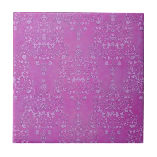 Fuchsia Purple Floral Damask Pattern Tile (Front)