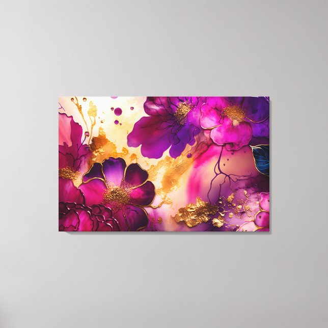 Fuchsia, Purple, & Gold Floral Art Canvas Print (Front)