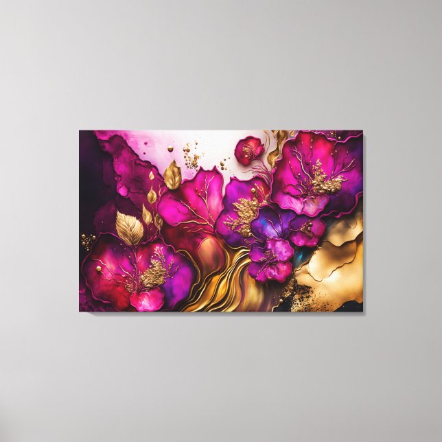 Fuchsia, Purple, & Gold Floral Art Canvas Print (Front)