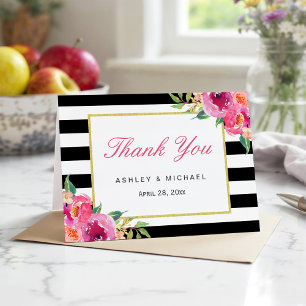 Fuchsia Purple Red Floral Black Stripes Thank You Card
