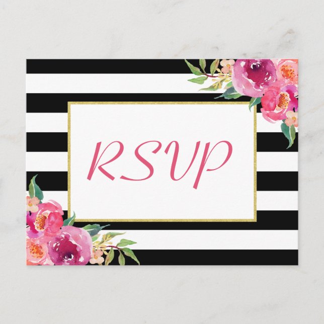 Fuchsia Purple Red Floral Gold Wedding RSVP Reply Invitation Postcard (Front)