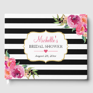 Fuchsia Purple Red Floral Stripes Bridal Shower Guest Book