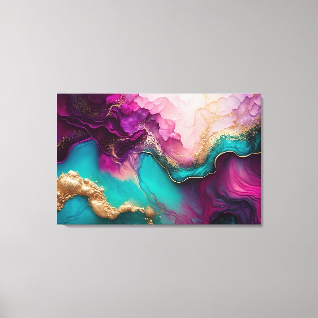 Fuchsia, Purple, Teal & Gold Marble Abstract Art Canvas Print (Front)