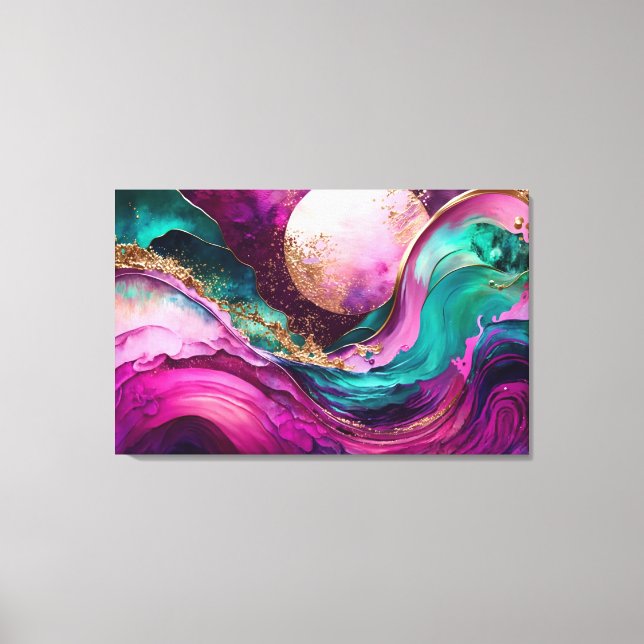 Fuchsia, Purple, Teal & Gold Marble Abstract Art Canvas Print (Front)